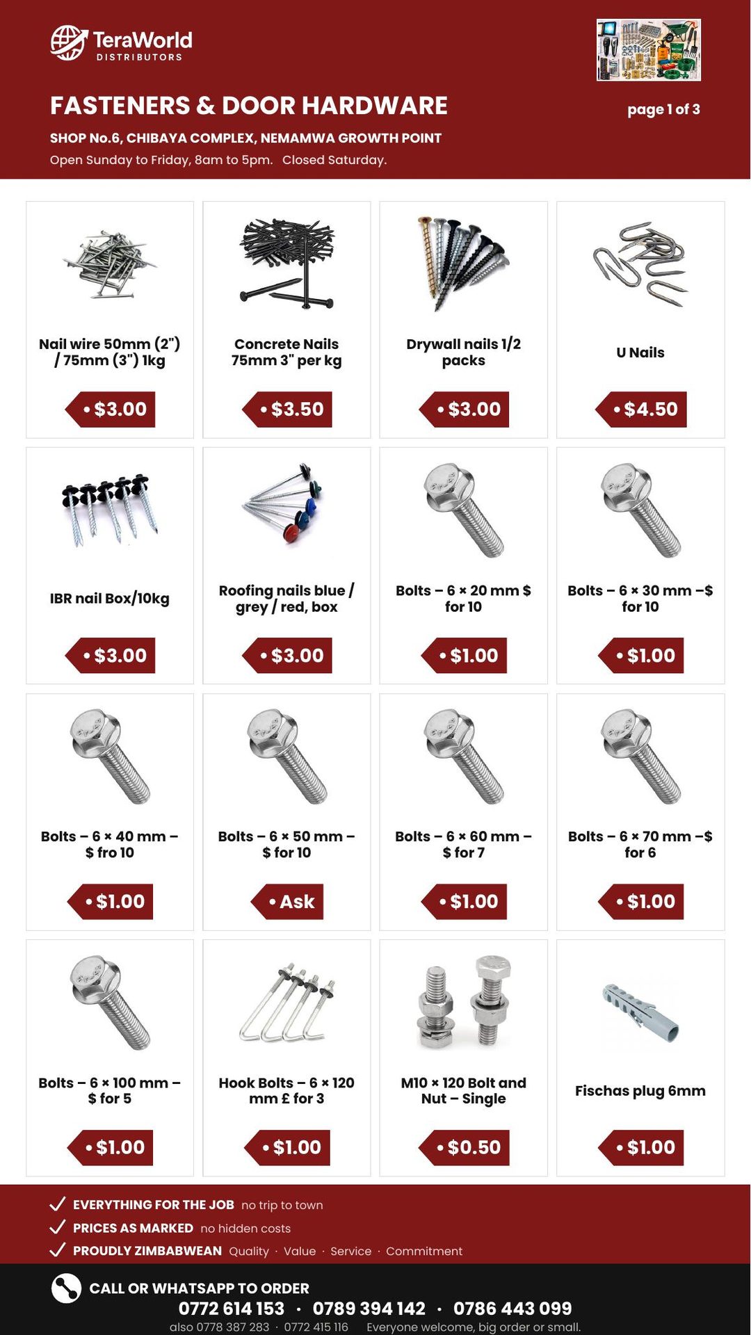 Fasteners & Door Hardware price list, page 1 of 3