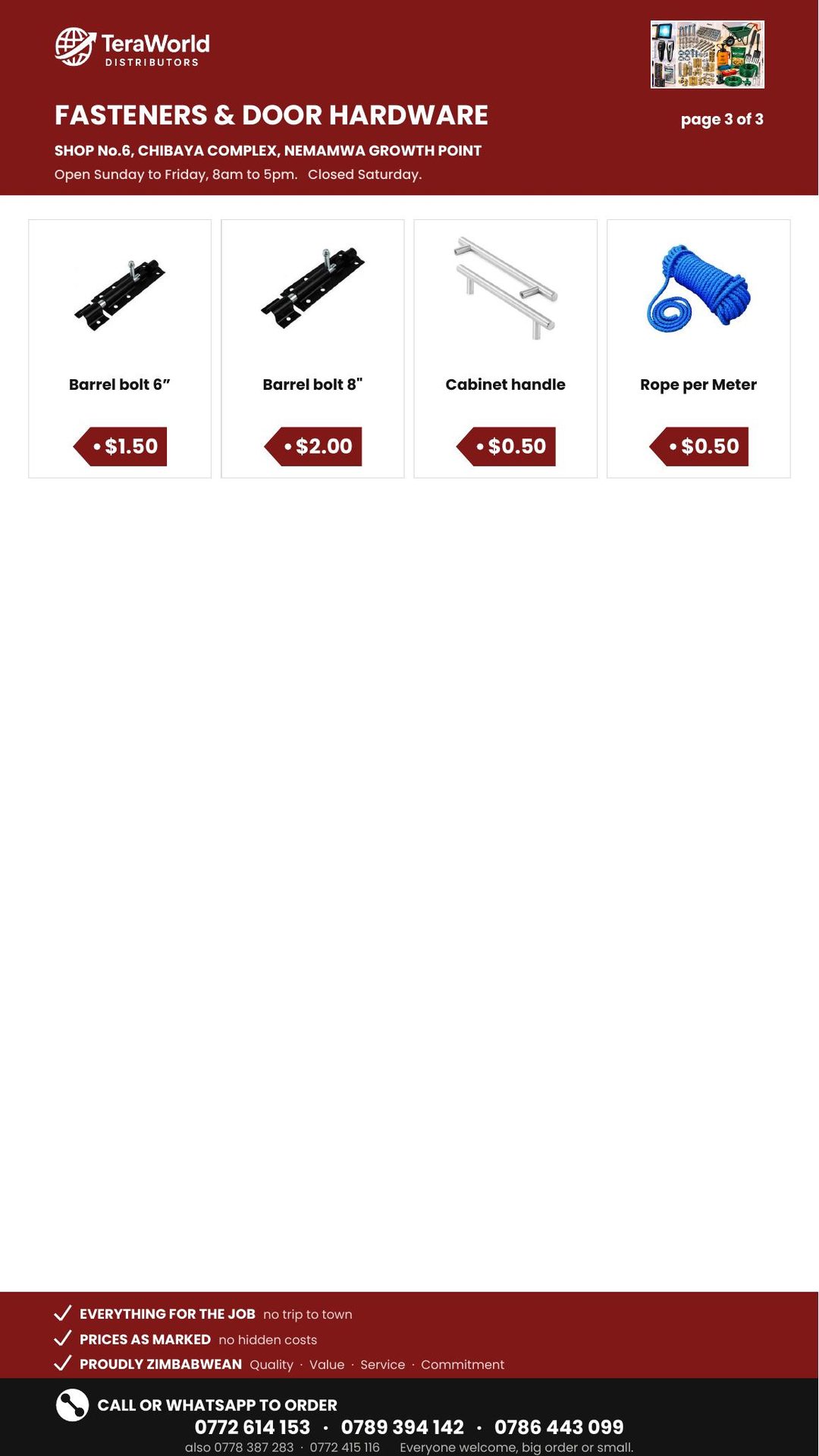 Fasteners & Door Hardware price list, page 3 of 3