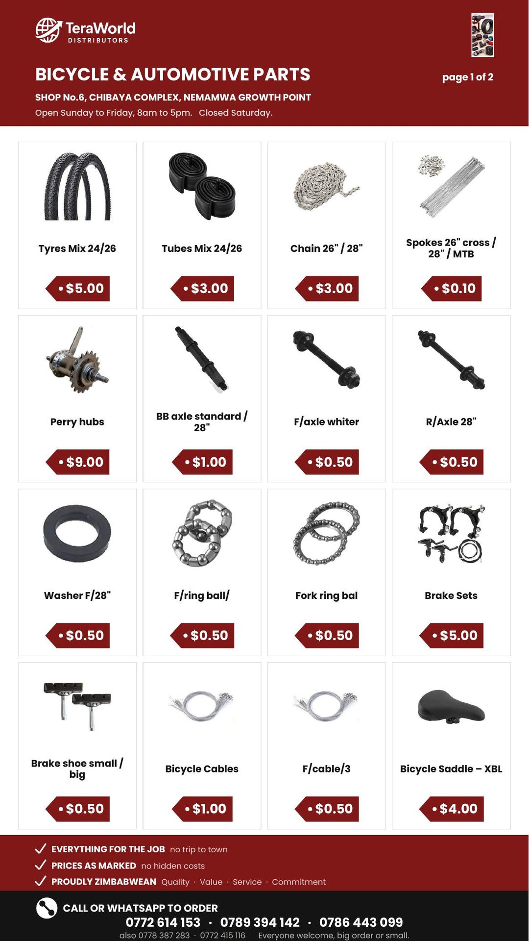 Bicycle & Automotive Parts price list, page 1 of 2