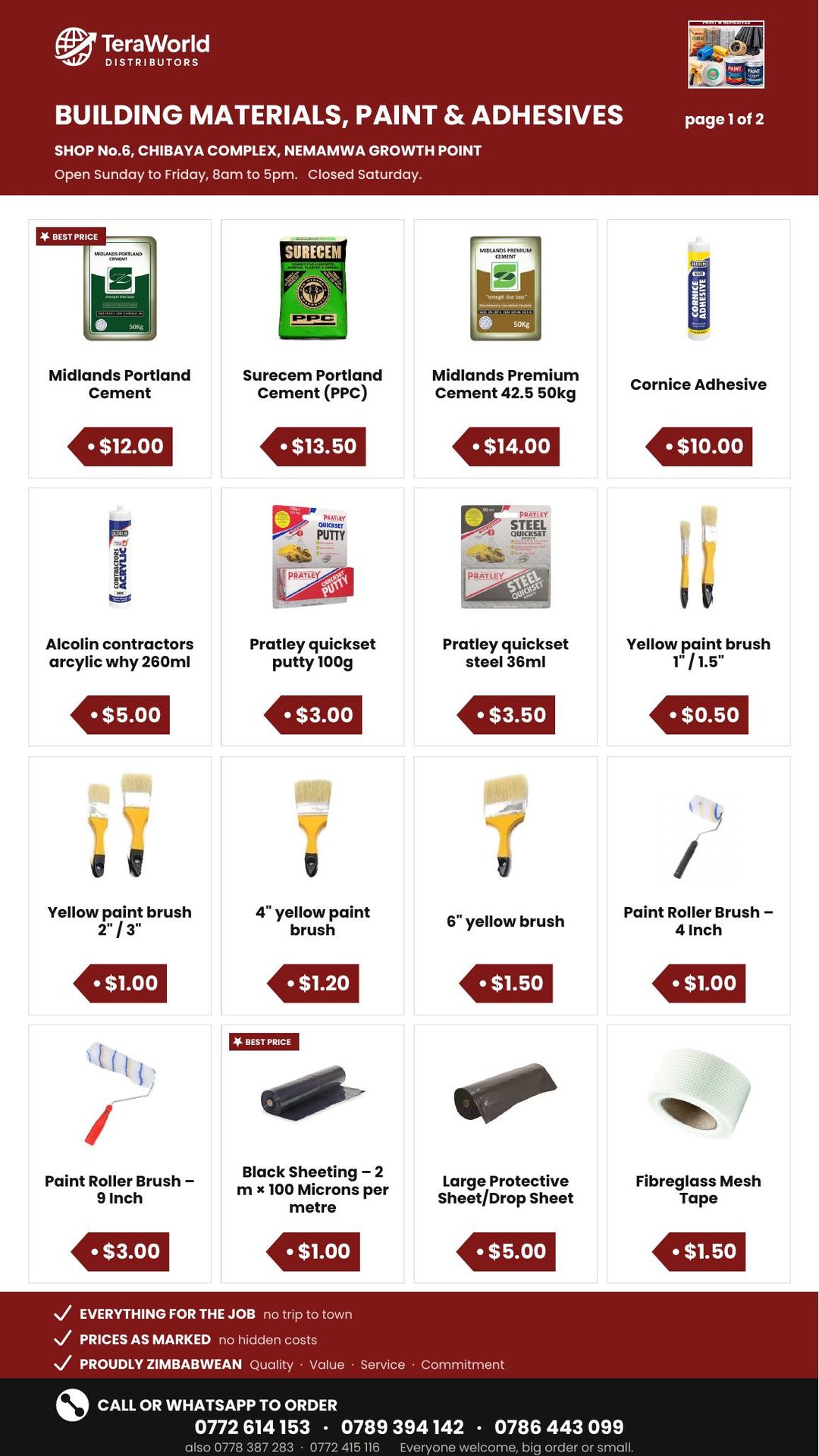 Building Materials, Paint & Adhesives price list, page 1 of 2