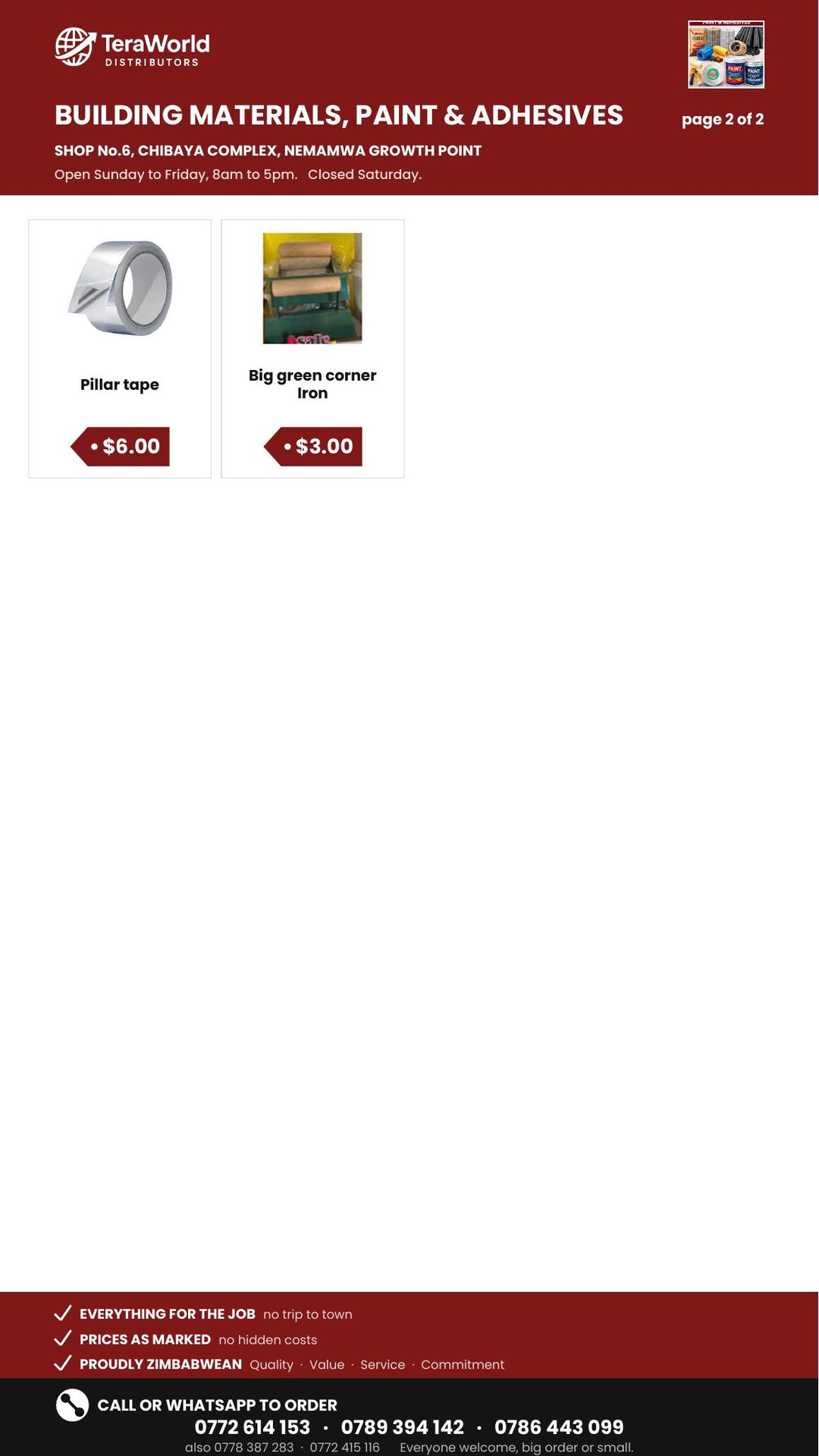 Building Materials, Paint & Adhesives price list, page 2 of 2
